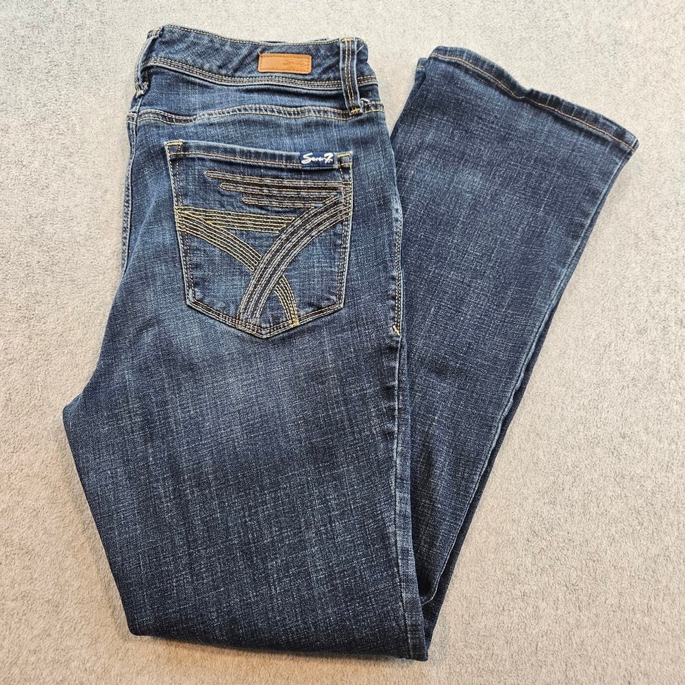 Seven7 Womens Dark Wash Bootcut Jeans Size 14 Embroidered Pockets Stretch Denim